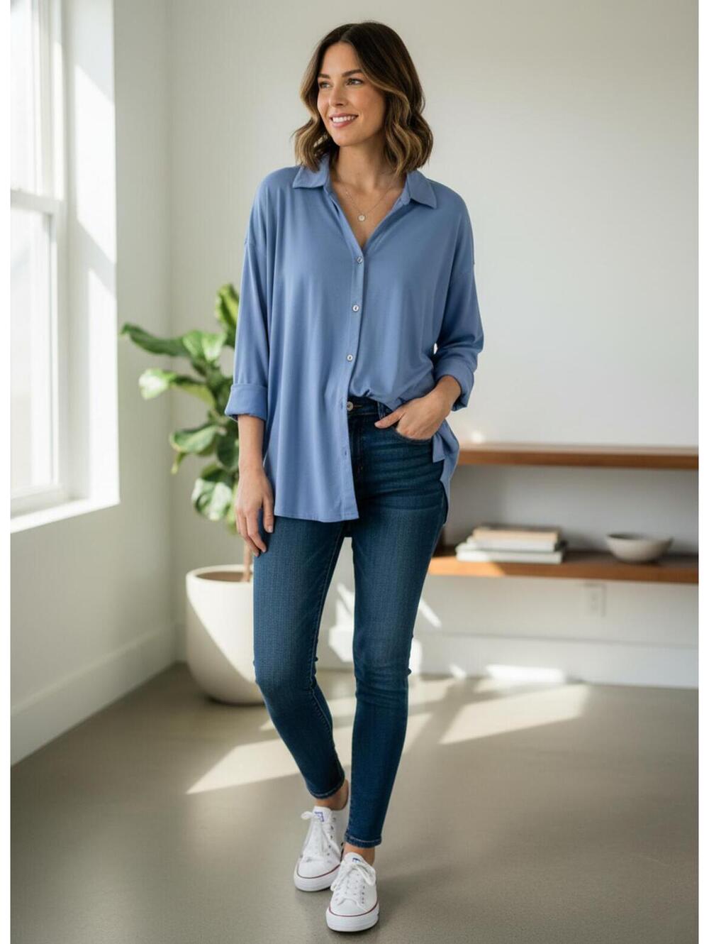 J.Jill Womens XL Petite Blue Button Up Shirt PTP 28” Length 27” Sleeve 23”